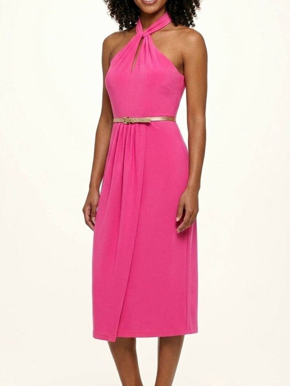 NWT Size 14 Tommy Hilfiger Twisted Halter Midi Dress in Magenta with Gold Belt